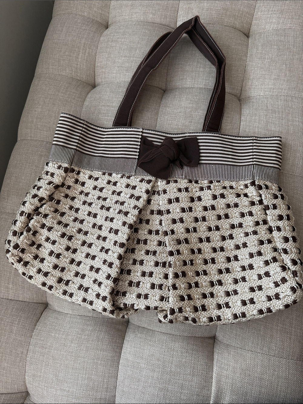 Furla Cream and Brown Crochet Tote with Bow Accent